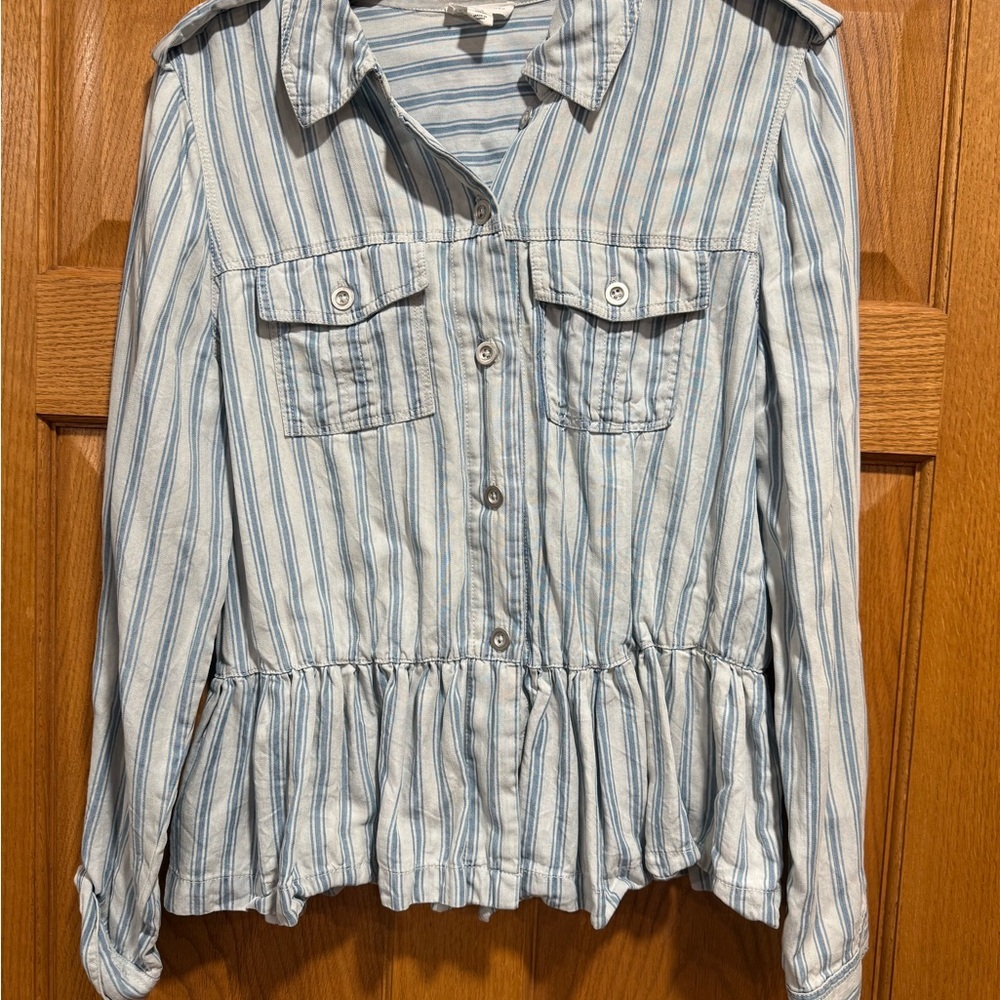 Tribal Jeans Striped Button-Front Peplum Shirt - Light Blue & White